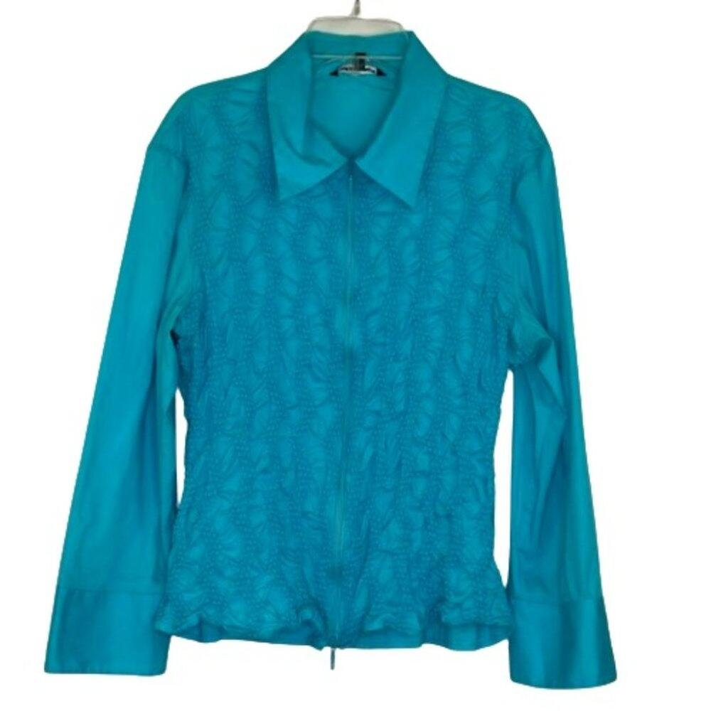 Samuel Dong blue full zip long sleeve ruched blouse size Medium